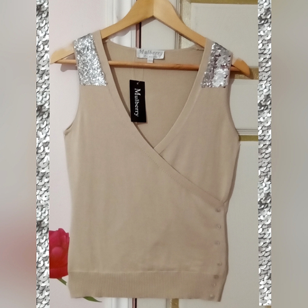 MULBERRY🐞Beige Preepy Beaded Cross Knit Buttoned Sweater Vest Sz:L